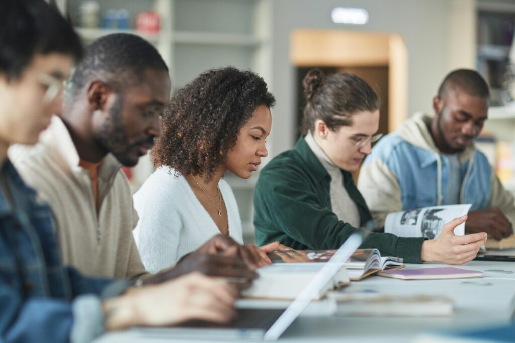 A group of students studying in the library.